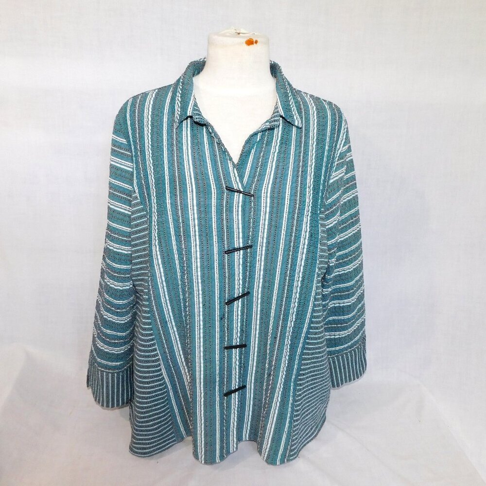 Habitat Blue White Striped Crinkle Button Front Top Shirt Oversized Womens M